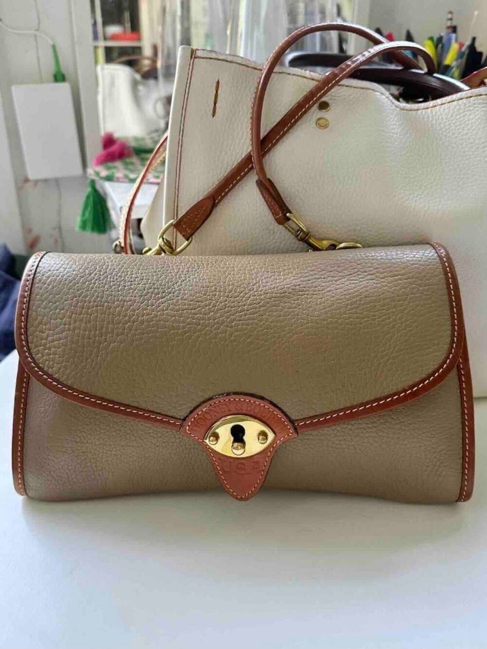 Vintage Dooney & Bourke Rare mushroom taupe tan Leather Crossbody Clutch 1980's